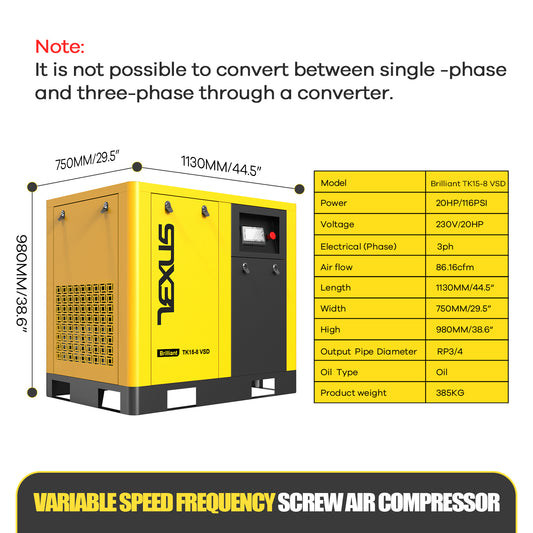 20HP 15KW VSD Rotary Screw Air Compressor – 86.17 @ 116PSI, 220V 3-Phase, RP3/4