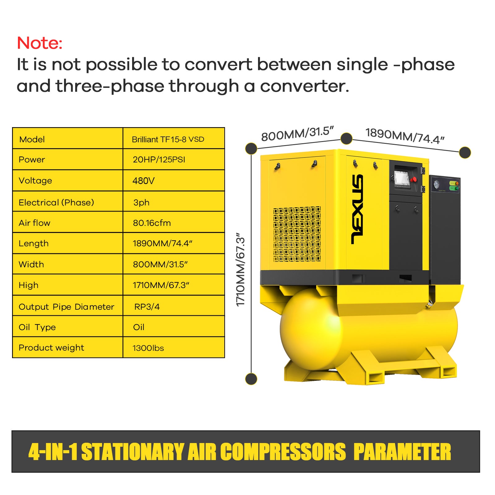 TF Series20HP 15KW TEXUS Portable Rotary Screw Air Compressor | 80CFM @ 125PSI | 480V 3-Phase 60Hz | RP3/4" | VSD