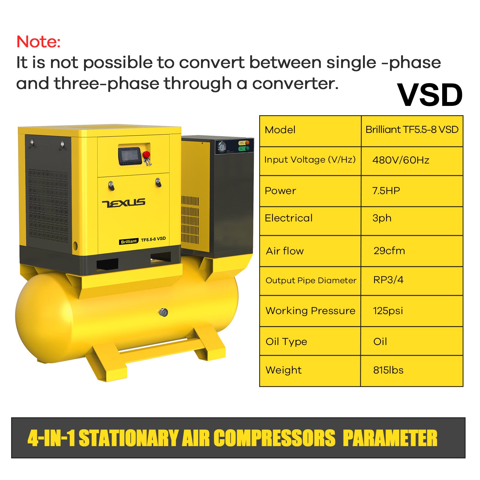 TF Series 7.5HP 5.5KW TEXUS Portable Rotary Screw Air Compressor | 29CFM @ 116PSI | 480V 3-Phase 60Hz | RP3/4" | VSD