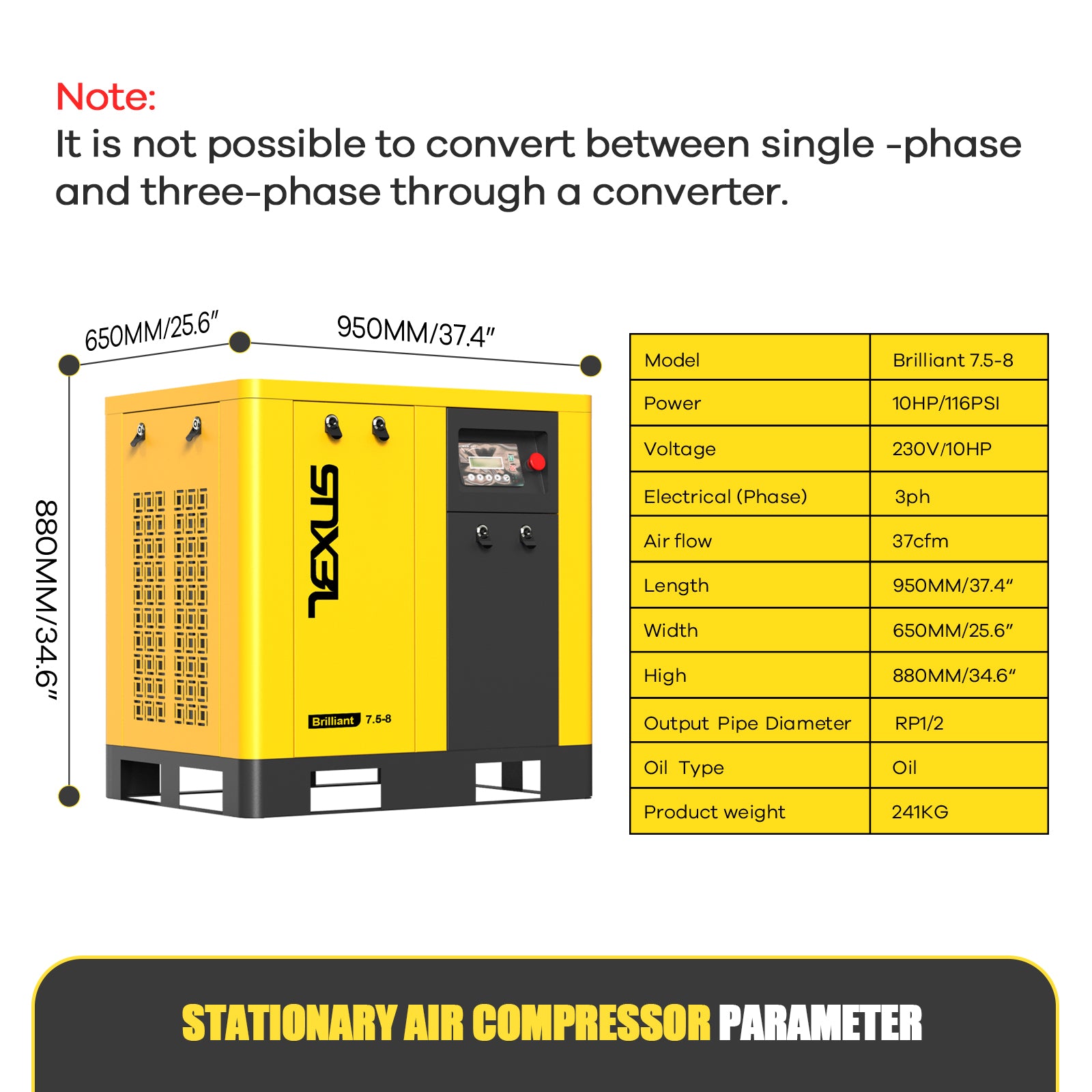 10HP 7.5kW Rotary Screw Air Compressor – 37.43 CFM @ 116PSI, 220V 3-Phase, RP1/2