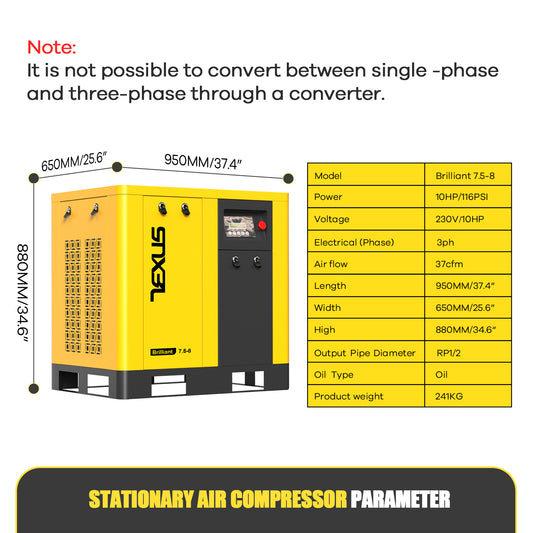 10HP 7.5kW Rotary Screw Air Compressor – 37.43 CFM @ 116PSI, 220V 3-Phase, RP1/2
