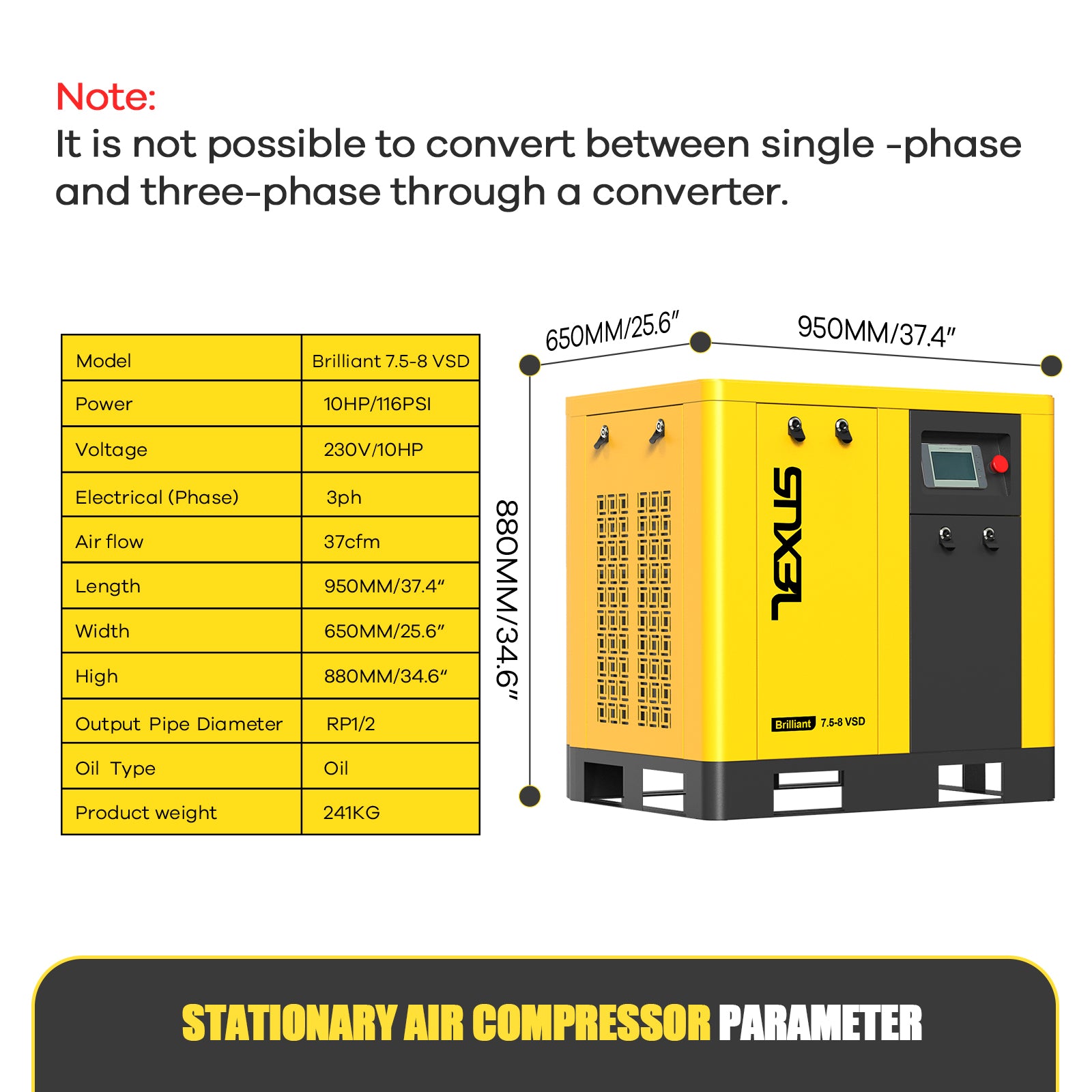 10HP 7.5kW VSD Rotary Screw Air Compressor – 37.43 CFM @ 116PSI, 220V 3-Phase, RP1/2