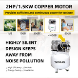 Silent Piston 2HP Oil Free Air Compressor 115 PSI 9.6CFM W/50L Steel Tank