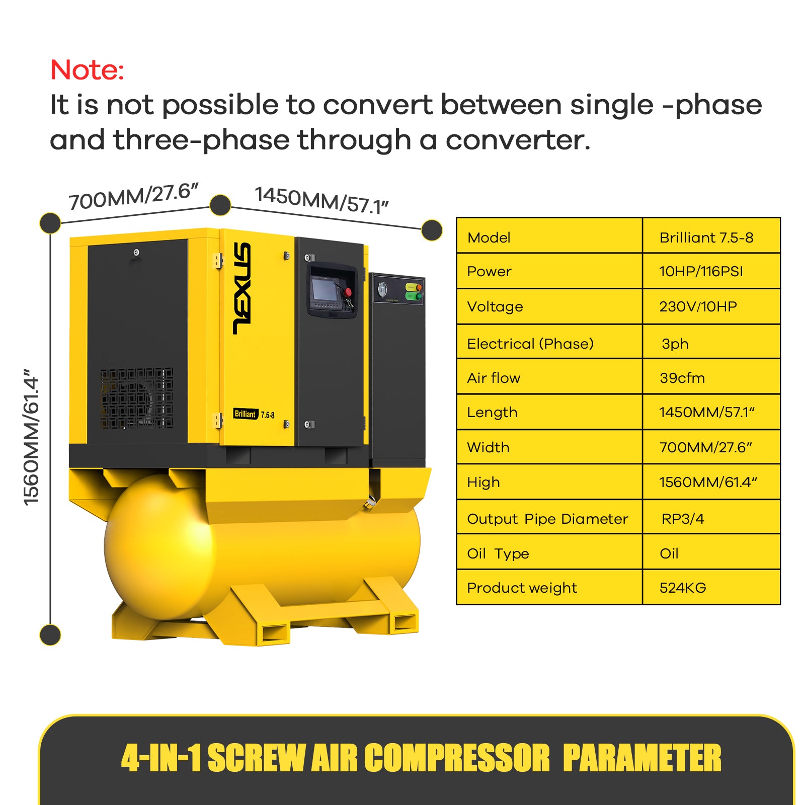 TF Series 10HP 7.5KW TEXUS Portable Rotary Screw Air Compressor | 39CFM @ 116PSI | 230V 3-Phase 60Hz | RP3/4" | VSD