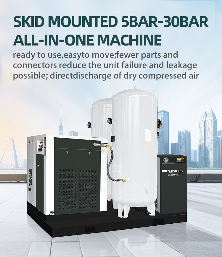 Skid mounted 5bar-30bar all-in-one unit with air compressor, 1000L twin tank, freeze dryer and filter